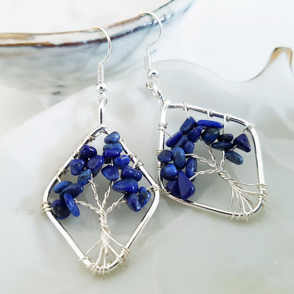 Tree of Life Collection - Lapis Tree of Life Earrings (Silver)