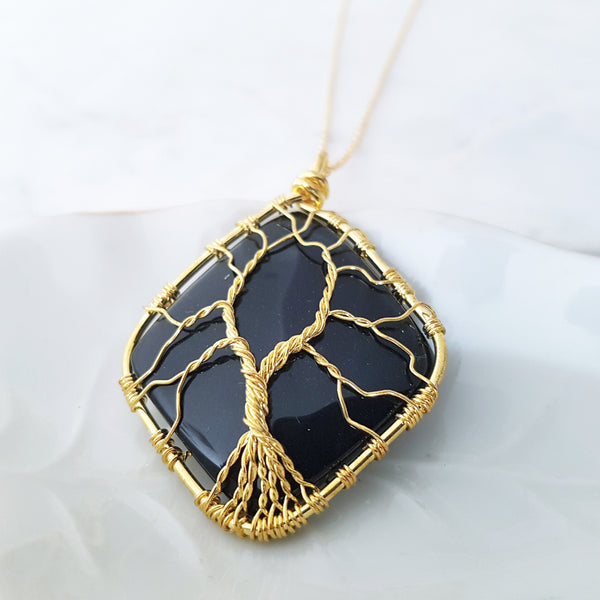 Tree of Life Collection - Black Obsidian Tree of Life Diamond Necklace