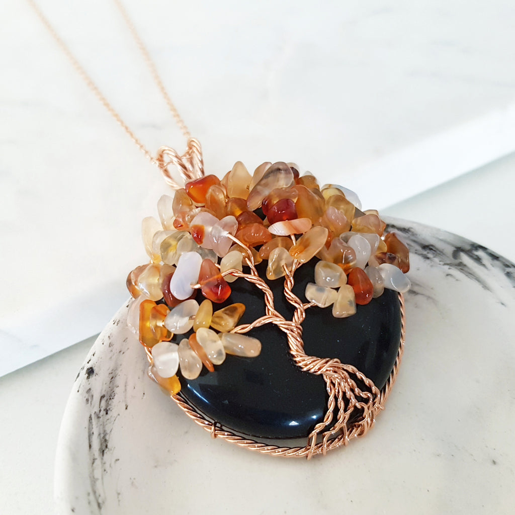 Tree of Life Collection - Round Black Obsidian Orange Carnelian Tree of Life Necklace