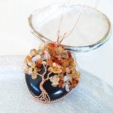 Tree of Life Collection - Round Black Obsidian Orange Carnelian Tree of Life Necklace