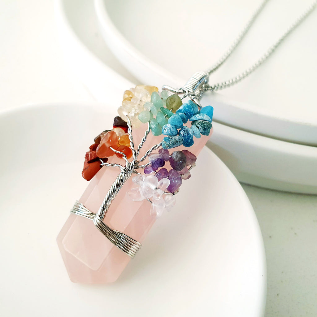 Tree of Life Collection - Rose Quartz Seven Chakras Tree of Life Necklace