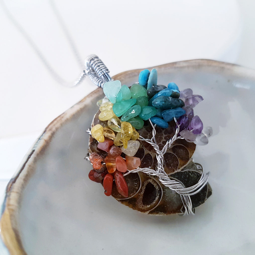 Tree of Life Collection - Seven Chakras Ammonite Fossil Tree of Life Necklace
