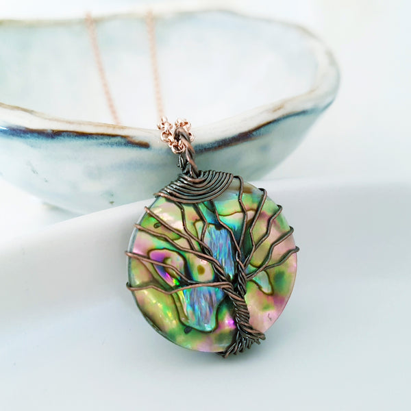 Tree of Life Collection - Round Abalone Shell Tree of Life Necklace (Copper Tone)