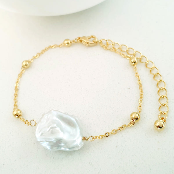 Glamorous Pearls Collection Bracelet - Irregular Flat Freshwater Pearl Ball Bracelet
