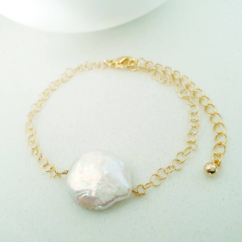 Glamorous Pearls Collection Bracelet - Round Flat Rainbow Pearl Bracelet