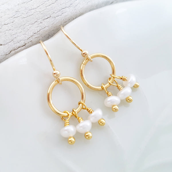 Glamorous Pearls Collection Earrings - Freshwater Pearl Nuggets Trilogy Gold Ring Earrings