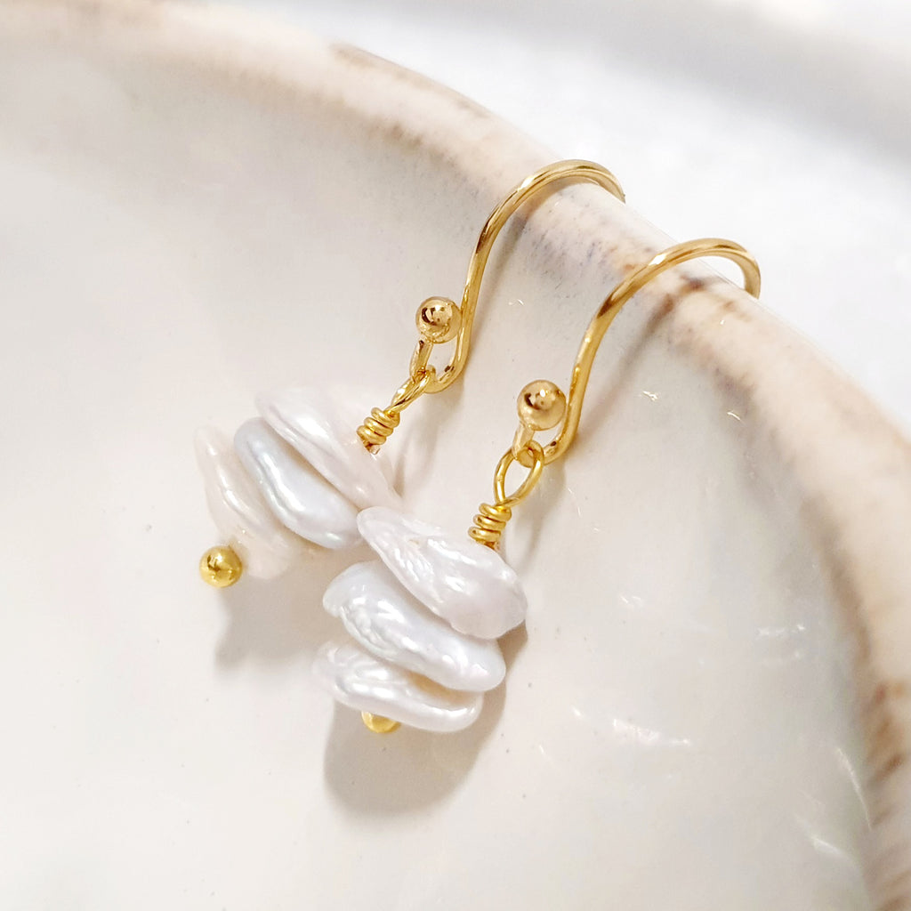 Glamorous Pearls Collection Earrings - Triple Flat Irregular Pearls Earrings