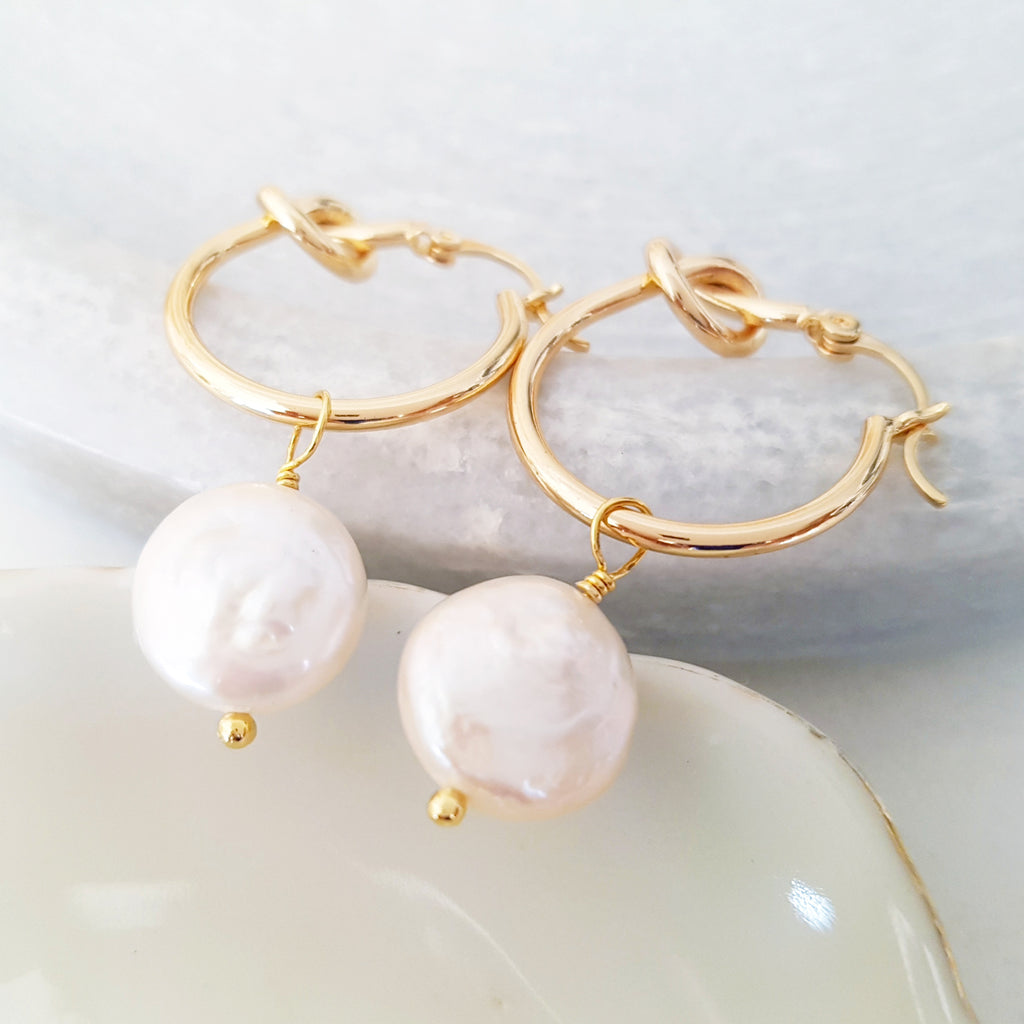Glamorous Pearls Collection Earrings - Flat Round Pearl Designer Loop Earrings