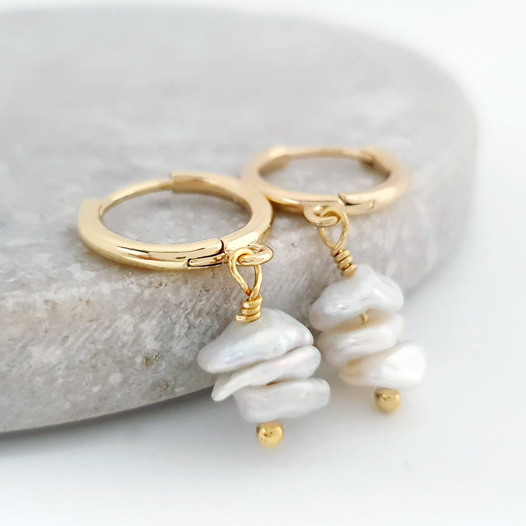 Glamorous Pearls Collection Earrings - Irregular Trio Flat Freshwater Pearls Earrings