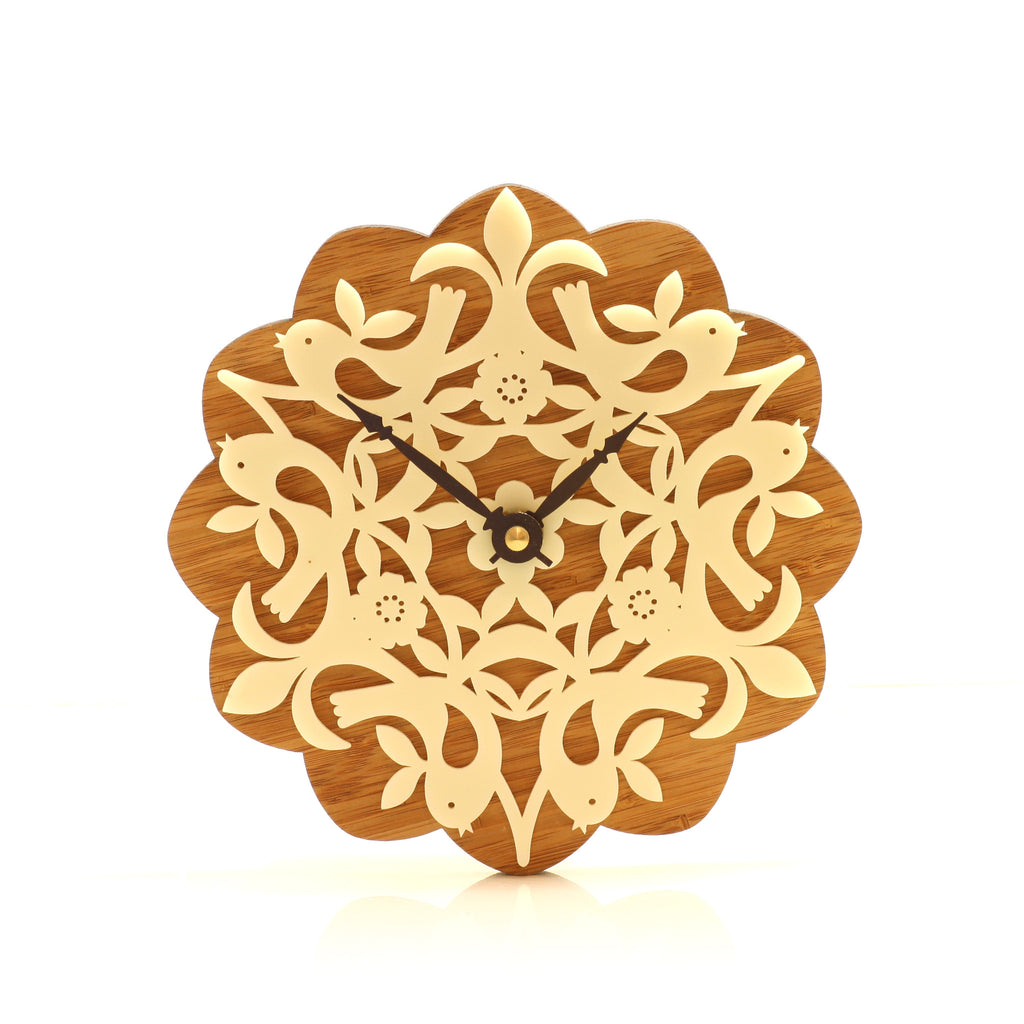 Wooden Clock - Birds in Harmony (Floral Pattern)