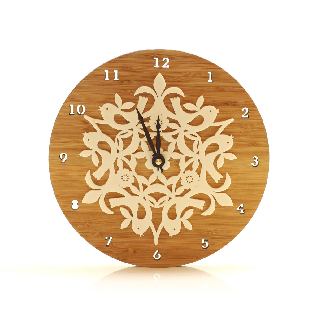 Wooden Clock - Birds in Harmony