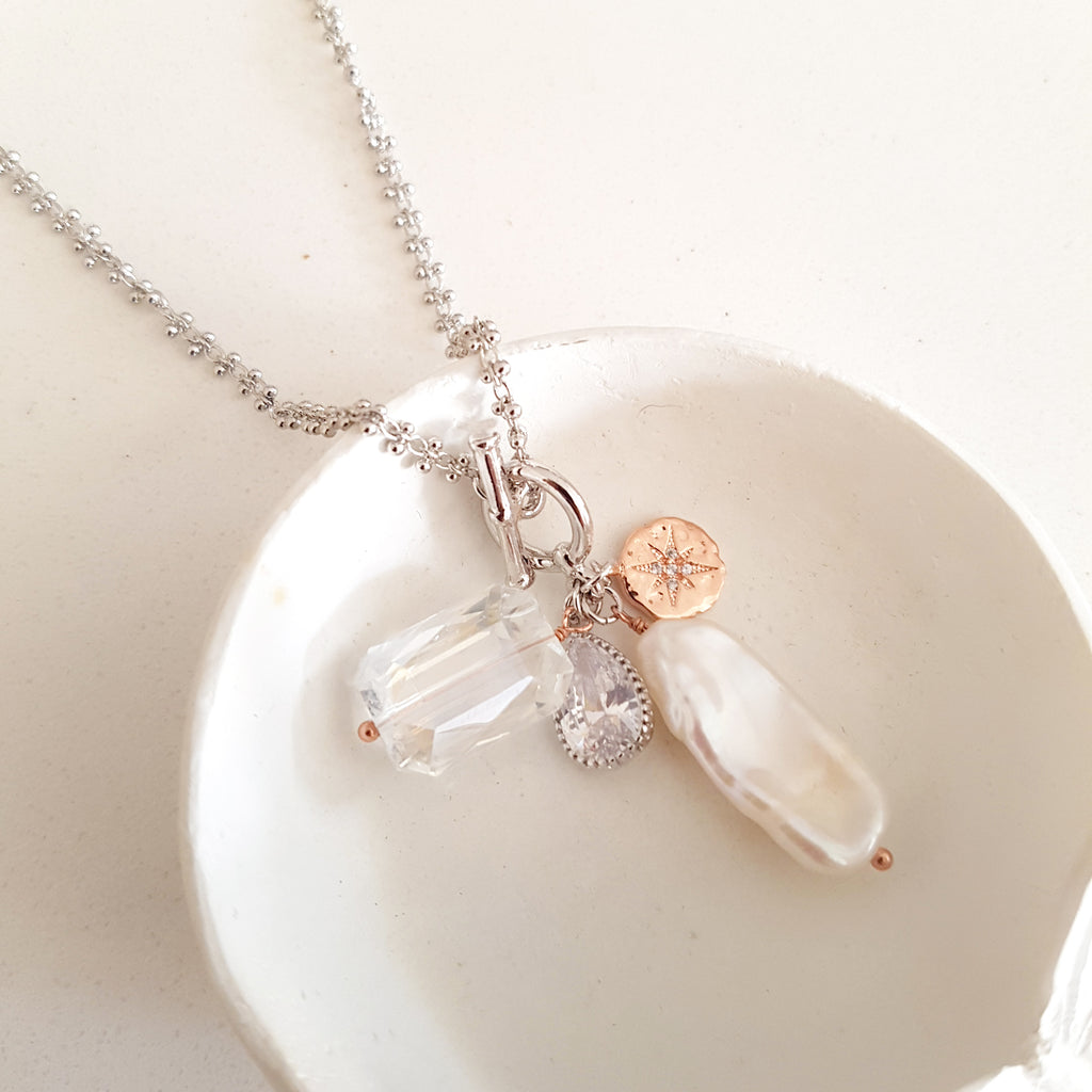 Adore Gemstone Collection - Elongated Pearl Starlight Charm Necklace