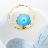 Adore Gemstone Collection - Blue Agate Slice Peacock Feather Necklace