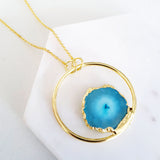 Adore Gemstone Collection - Blue Agate Slice Peacock Feather Necklace