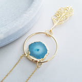 Adore Gemstone Collection - Blue Agate Slice Peacock Feather Necklace