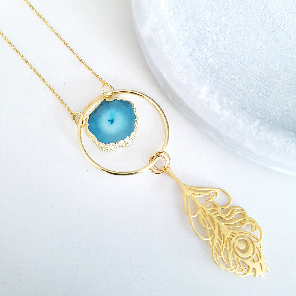 Adore Gemstone Collection - Blue Agate Slice Peacock Feather Necklace