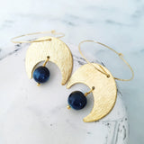 Helios Brass Collection - Blue Tiger Eye Crescent Moon Loop Earrings