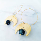 Helios Brass Collection - Blue Tiger Eye Crescent Moon Loop Earrings