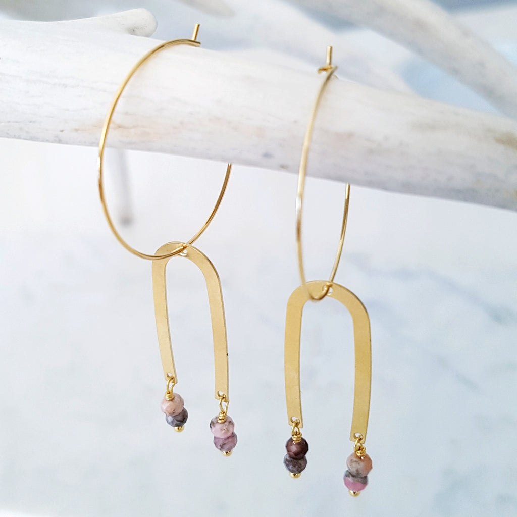 Helios Brass Collection - Black Pink Rhodonite Thin Arch Loop Earrings