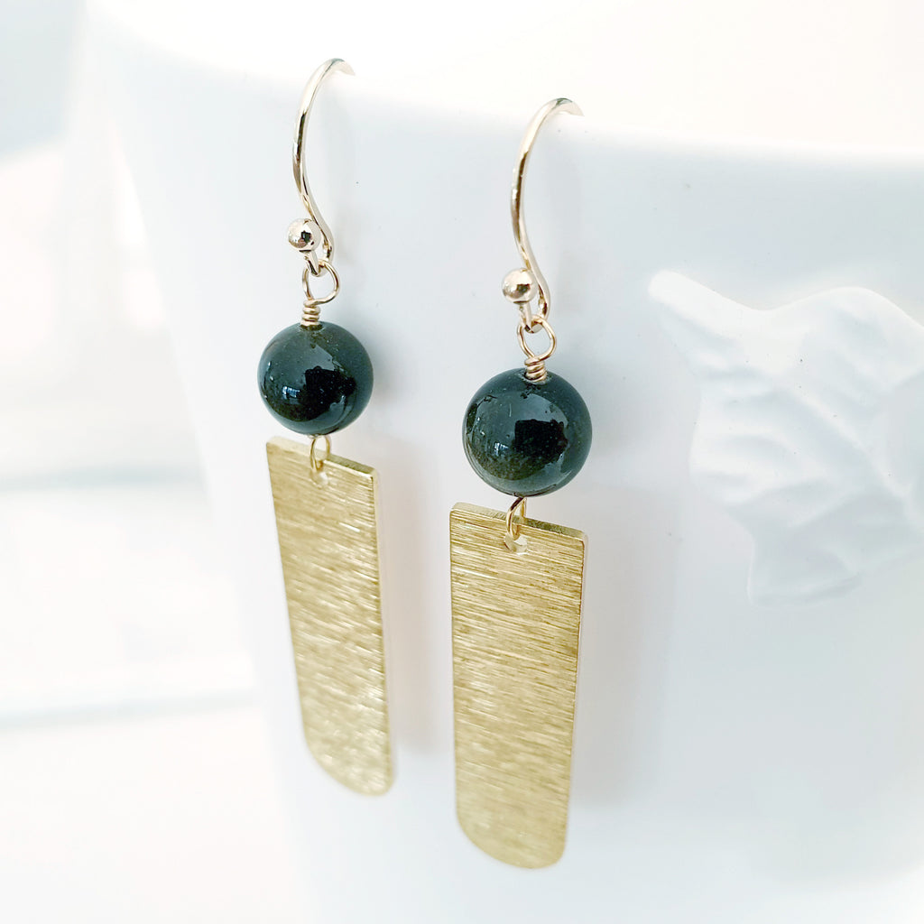 Helios Brass Collection - Gold Sheen Obsidian Round End Gold Bar Earrings
