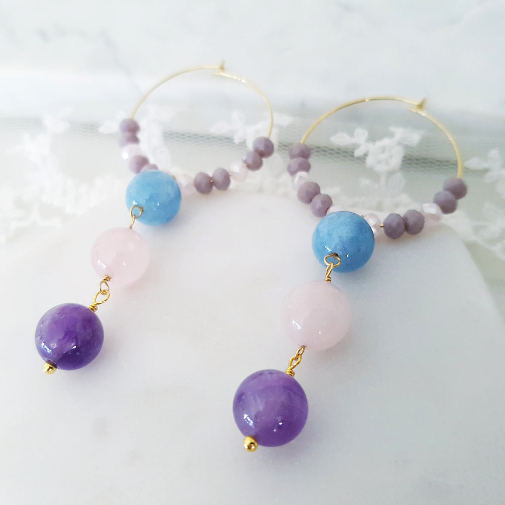 Adore Gemstone Earrings Collection - Amethyst Rose Quartz Aquamarine Loop Earrings