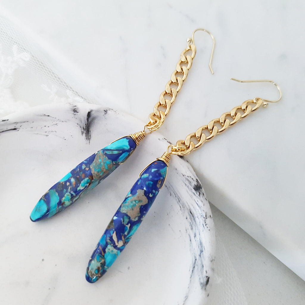 Adore Gemstone Earrings Collection - Blue Sea Sediment Jasper Hanging Earrings