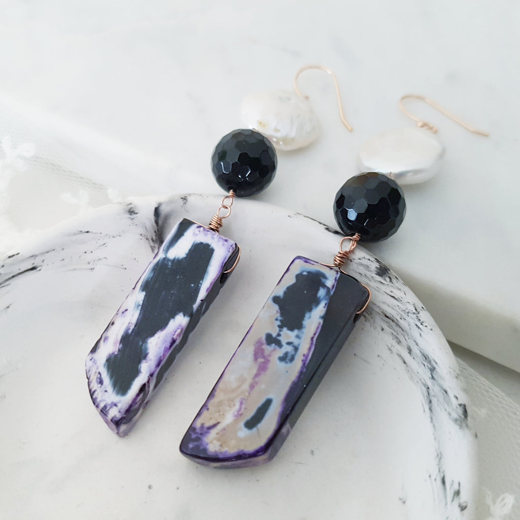 Adore Gemstone Earrings Collection - Purple Fire Agate Faceted Black Agate Pearl Earrings