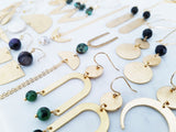 Helios Brass Collection - Blue Tiger Eye Crescent Moon Loop Earrings