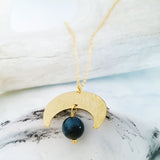 Helios Brass Collection - Blue Tiger Eye Gold Crescent Moon Necklace