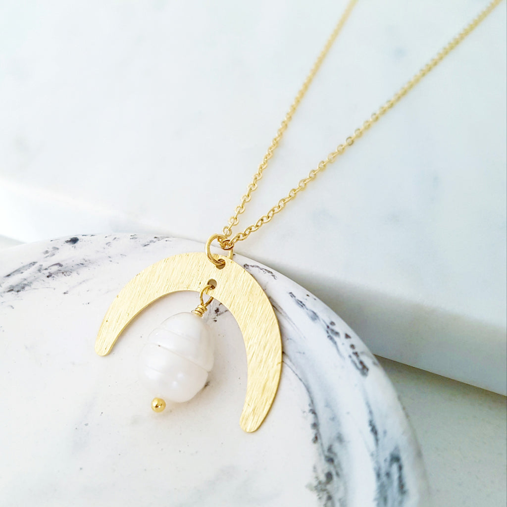 Helios Brass Collection - Freshwater Pearl Gold Crescent Moon Necklace