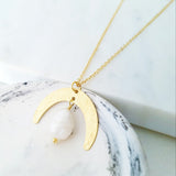 Helios Brass Collection - Freshwater Pearl Gold Crescent Moon Necklace