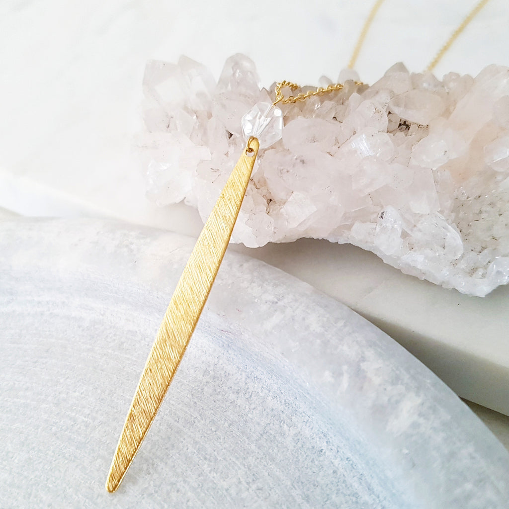 Helios Brass Collection - Faceted Quartz Gold Bar Necklace