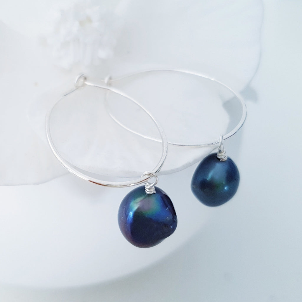 Glamorous Pearls Collection Earrings - Sterling Silver Earrings Deep Ocean Blue Pearl
