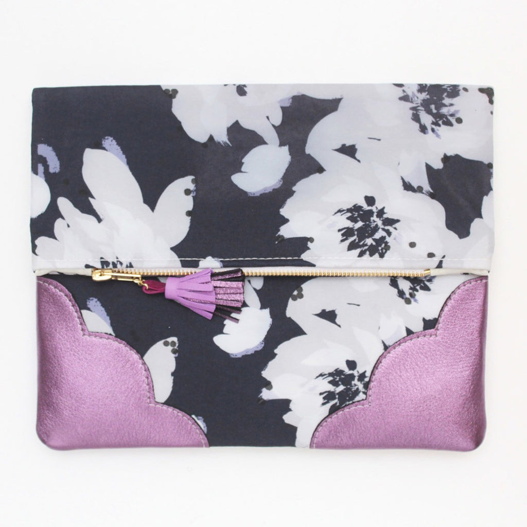 Floral Watercolor Unique Leather Accents Clutch - Soul Made Boutique