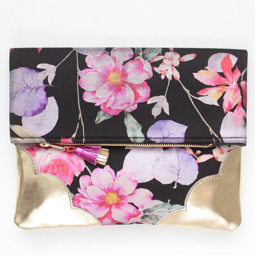 Floral Watercolor Unique Leather Accents Clutch - Soul Made Boutique