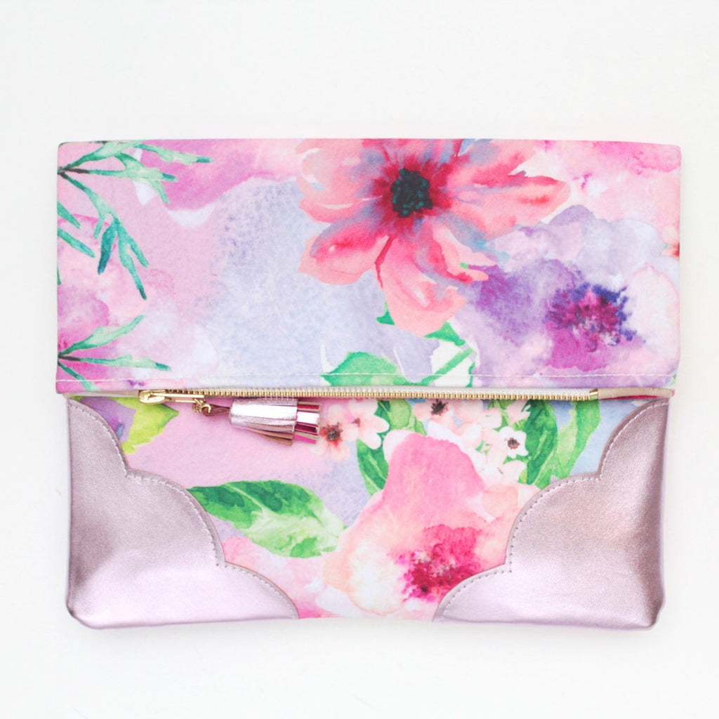 Floral Watercolor Unique Leather Accents Clutch - Soul Made Boutique
