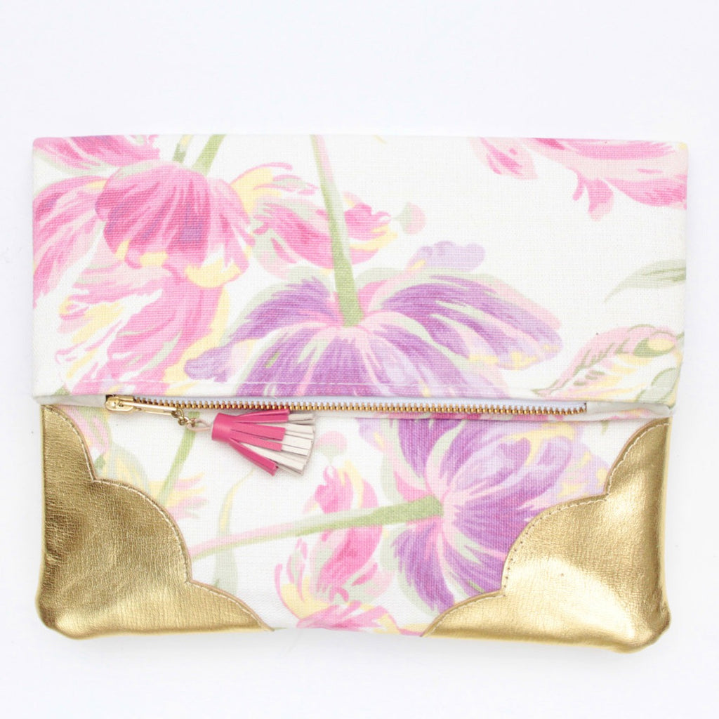 Floral Watercolor Unique Leather Accents Clutch - Soul Made Boutique