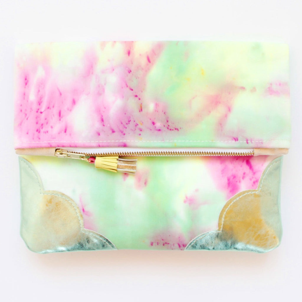 Dyed Watercolor Unique Leather Accents Clutch