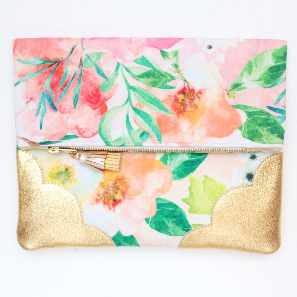 Floral Watercolor Unique Leather Accents Clutch