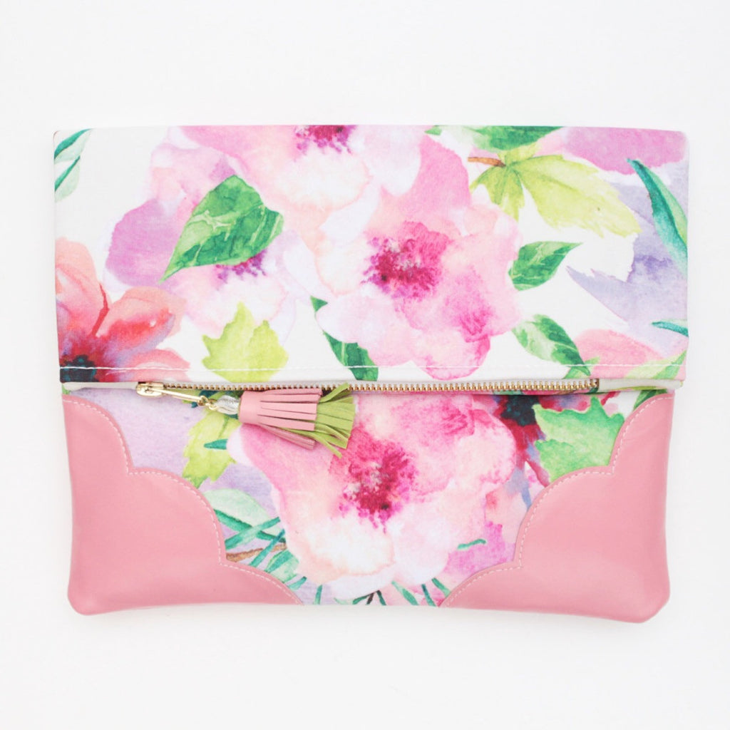 Floral Watercolor Unique Leather Accents Clutch