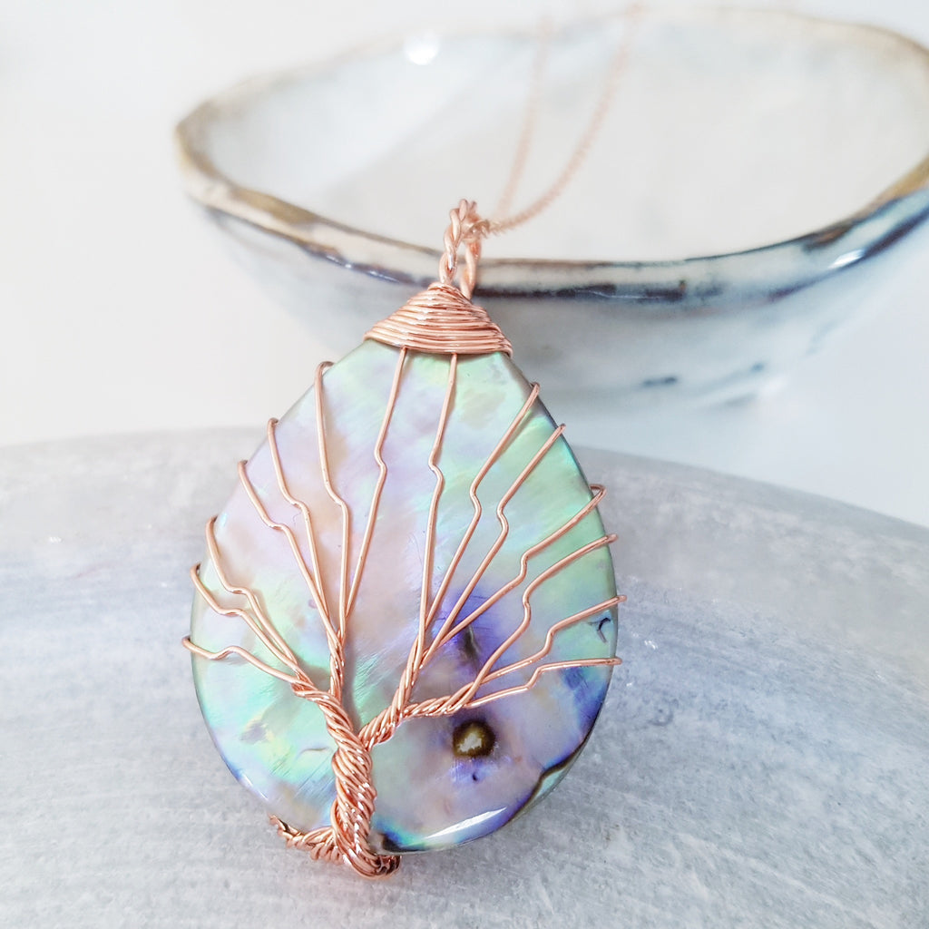 Adore Gems Collection - Abalone Shell Tree of Life Teardrop Necklace