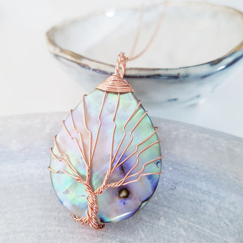Adore Gems Collection - Abalone Shell Tree of Life Teardrop Necklace