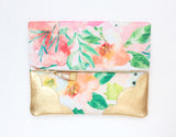 Floral Watercolor Unique Leather Accents Clutch