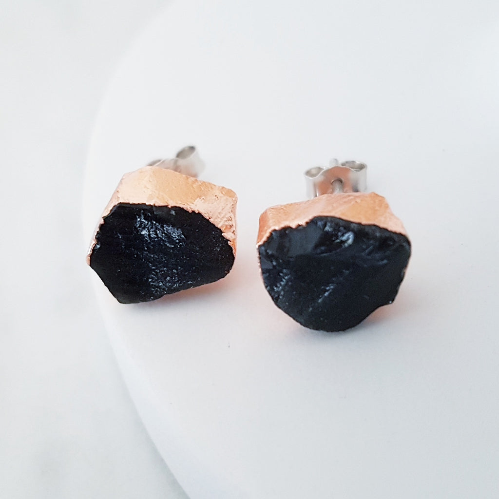 Adore Gemstone Earrings Collection - RAW - Sterling Silver Rose Gold Black Obsidian Ear Studs