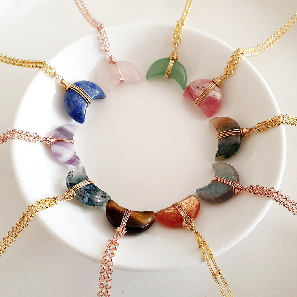 Adore Gemstone Collection - Crescent Moon Horn Wrapped Necklace
