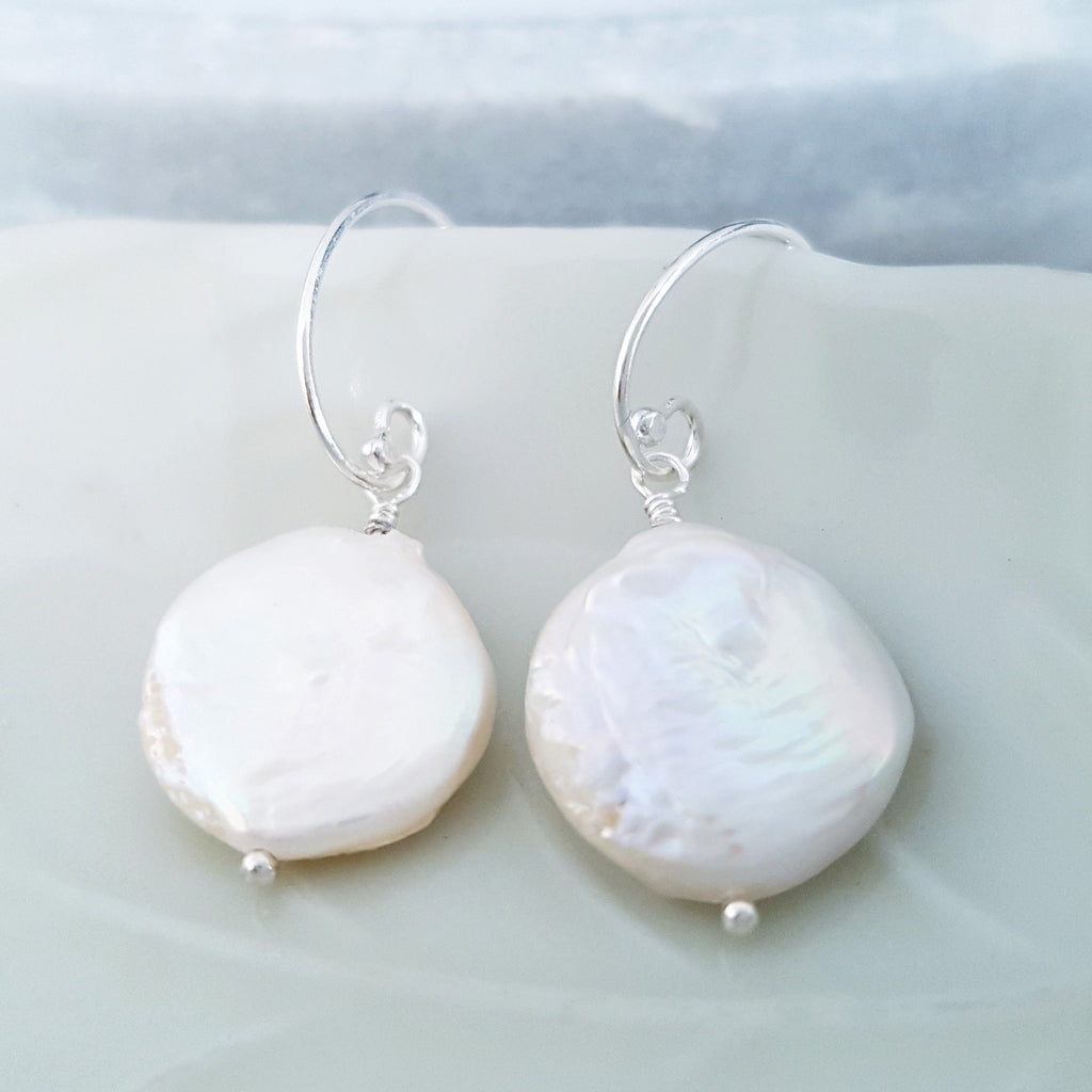 Glamorous Pearls Collection Earrings - Sterling Silver Earrings Coin Pearl