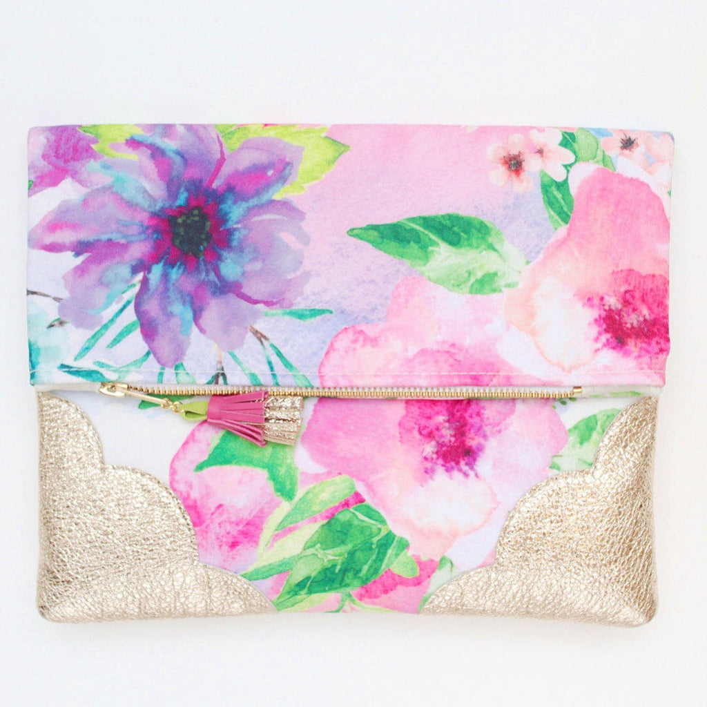 Floral Watercolor Unique Leather Accents Clutch - Soul Made Boutique