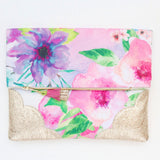 Floral Watercolor Unique Leather Accents Clutch - Soul Made Boutique