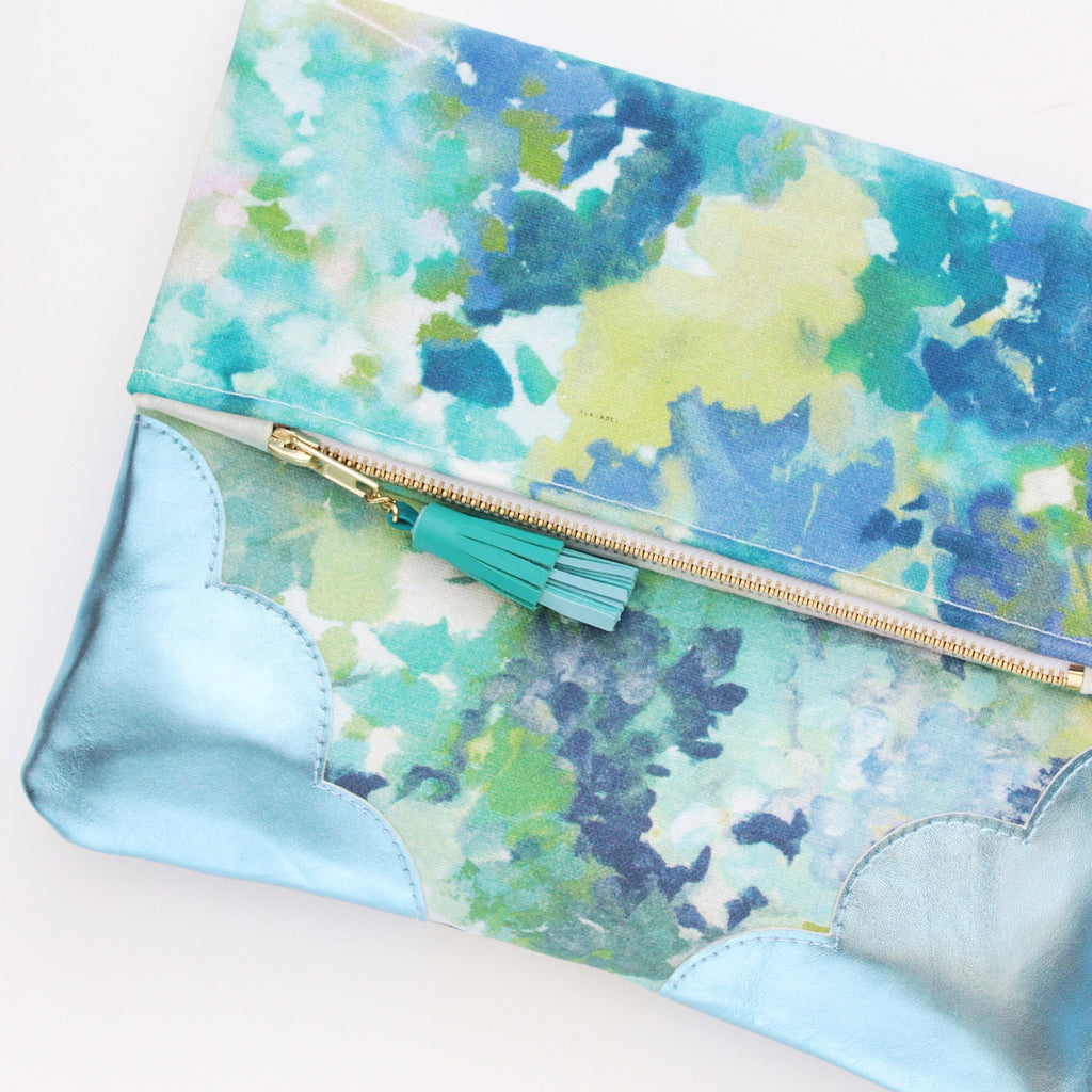 Floral Watercolor Unique Leather Accents Clutch