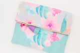 Floral Watercolor Unique Leather Accents Clutch